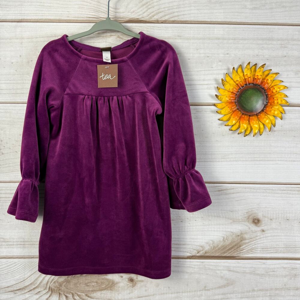 Tea Collection Purple Velvet Bell Sleeve Dress Kids Size 2 Ruffle Trim